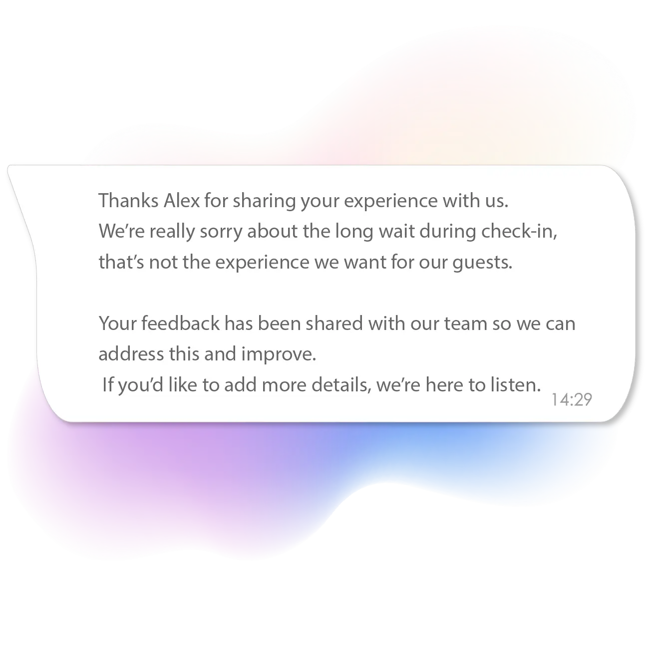 AI-generated apology message responding to negative customer feedback, showing a human-like response triggered by closed loop feedback automation