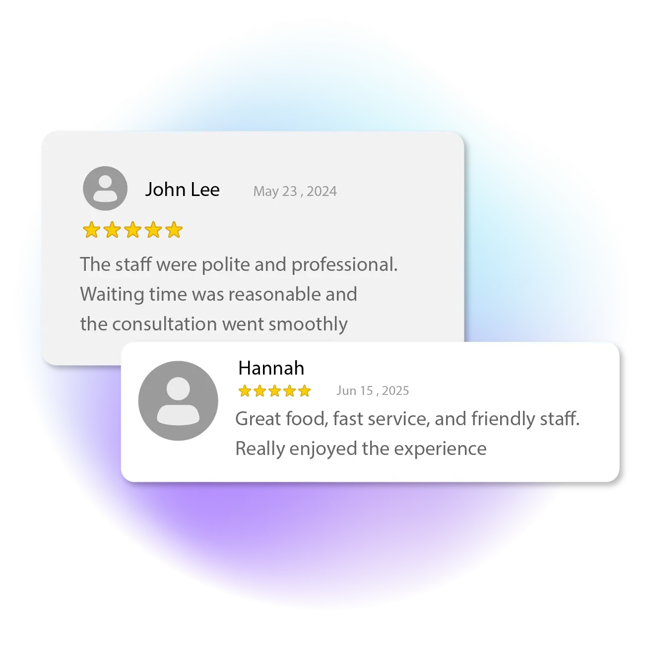 Positive customer reviews generated through closed-loop feedback automation, showing 5-star ratings and written feedback
